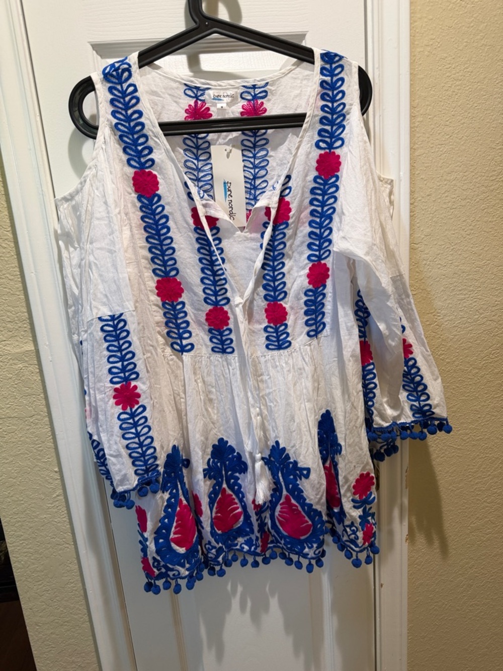 Women’s White Embroidered Cold-Shoulder Tunic with Blue & Pink Accents
